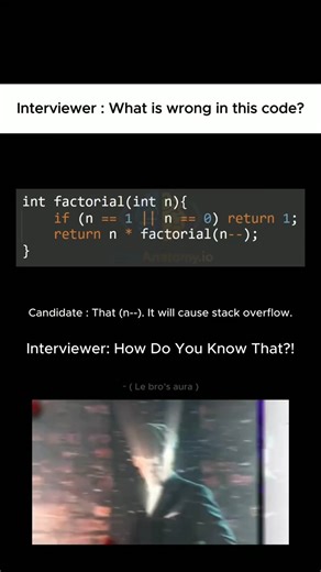 ✅ Code Explanation: Most programmers write recursive functions in C without realizing how post-decrement (n--) behaves inside function calls. In this video, we break down a common factorial bug where using n-- causes infinite recursion, eventually leading to a stack overflow. This isn’t about syntax — it’s about understanding evaluation order, function arguments, and how recursion actually works in C. If you’re preparing for C interviews, learning low-level behavior, or want to avoid silent bugs