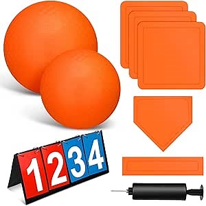 Jenaai 9 Pcs Sports Kickball Set Include 2 Pieces Kickball 5 Pieces Bases Flip Scoreboard and Pump Basketball Football Baseball Tennis Sport