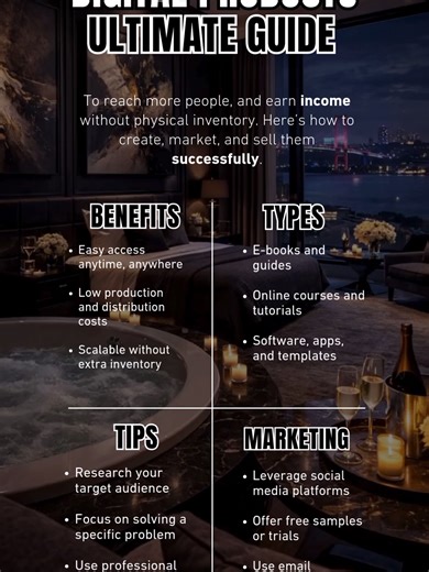 Digital Products Ultimate Guide BENEFITS of Digital Products - Access your products anytime, anywhere - Keep costs low—no physical inventory needed - Scale easily without extra effort TYPES of Digital Products - E-books and guides - Online courses and tutorials - Software, apps, and templates TIPS for Creating Quality Digital Products - Know your audience before you start - Solve a specific problem for real impact - Make it look professional and polished MARKETING Strategies for Digital Products