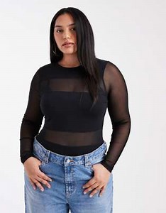 ASOS DESIGN Curve mesh mix mesh panel long sleeve bodysuit in black | ASOS