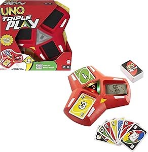Mattel Games UNO Triple Play Card Game, Game for Kids, Adults and Family Night, Play Three Piles, Draw When it Overloads, Lights and Sounds