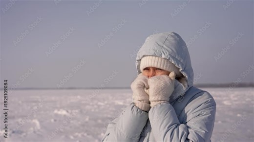 Freezing woman in a warm jacket trying to keep warm with her hands on a sunny but very cold day, standing on a frozen river covered with snow during an arctic winter expedition