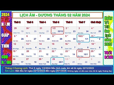 Lịch âm dương tháng 2 năm 2024 - Lịch vạn niên tháng 2/2024, Năm Giáp Thìn