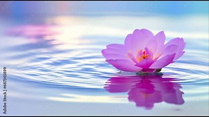 a pink lotus flower blooming on a calm water surface. The flower is perfectly reflected in the water, with surrounding ripples emphasizing its beauty. It conveys an atmosphere of tranquility and peace
