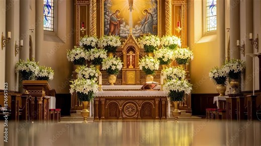 Altar preparation for religious celebration with lilies and sacred elements for Christian worship