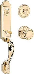 Baldwin Avendale Single Cylinder Front Door Handleset Featuring SmartKey Security in Polished Brass, Prestige Series with Traditional Door Hardware and Alcott Knob