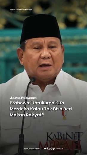 Presiden Prabowo Subianto menegaskan pemerintah akan terus menjalankan Program Makan Bergizi Gratis (MBG) bagi siswa, ibu hamil, dan lanjut usia (lansia). Pernyataan itu disampaikan dalam Sidang Kabinet Paripurna di Istana Negara, Jakarta, Senin (20/7), saat menekankan bahwa kemampuan negara memenuhi kebutuhan pangan rakyat merupakan ukuran paling mendasar dari sebuah bangsa yang merdeka. Prabowo mengatakan ketahanan pangan bergantung pada ketersediaan air, lahan yang subur, pupuk yang terjangka