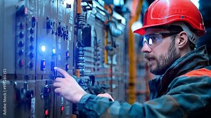 An engineer testing electrical panels in a power substation, focusing on energy distribution maintenance