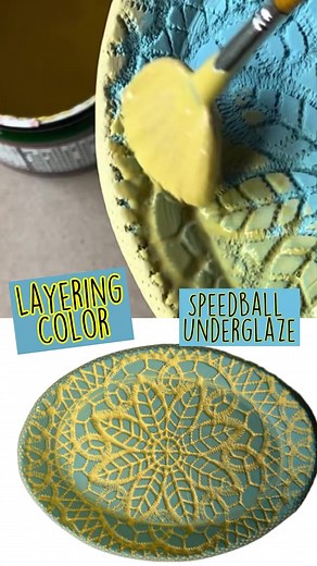 2.9K views · 57 reactions | New Speedball Ceramics combination layering. I bisque fired in the Turquoise and l'm now washing with Saffron Yellow. Nothing beats a good yellow sponge for this.DM me for a link if you need a reference. #speedballunderglaze #underglaze #underglazes #speedball #turquoise #saffron #potteryprocess #lace #tray #colorlayering | Bill Schwenzer | Facebook
