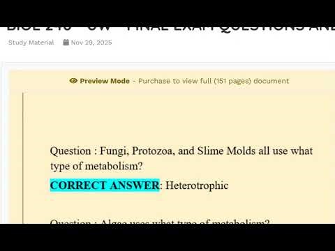 BIOL 240 - UW - FINAL EXAM QUESTIONS AND ANSWERS GRADED A+