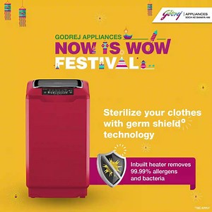 167 reactions · 20 shares | Keep your loved ones safe with the Godrej Eon Allure top load washing machine, equipped with Germ Shield Technology and a smart wash algorithm that can heat water up to 60°C removing 99.99% of allergens and bacteria. Now available with exciting offers. Make the most of it because #NowIsWow! | Godrej Appliances | Facebook