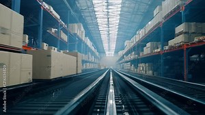 Tracking video of a conveyor belt, cinematic lighting, robotic arms and visible dust particles in a warehouse