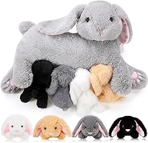 HyDren 5 Pcs Bunny Stuffed Animal with Babies, 15 Inch Stuffed Bunny with 4 Baby Rabbits in Her Belly, Operation Christmas Soft Rabbit Plush Toys for Kids Christmas Birthday Baby Shower
