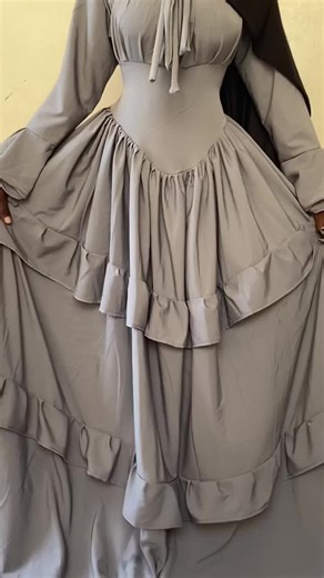 Elegant Gray Ruffled Dress with Headscarf Showcase