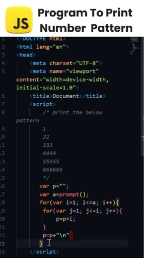 Praveen Gubbala on Instagram: "Program to Print Number Pattern in JavaScript | Easy Logic Explained In this video, you’ll learn how to print number patterns in JavaScript using a simple and beginner-friendly approach. We focus on core logic and nested loops, making it easy to understand how pattern programs work step by step. Number pattern programs are very important for logic building and are commonly asked in JavaScript interviews and exams. 📌 What you’ll learn: How to print number pattern i