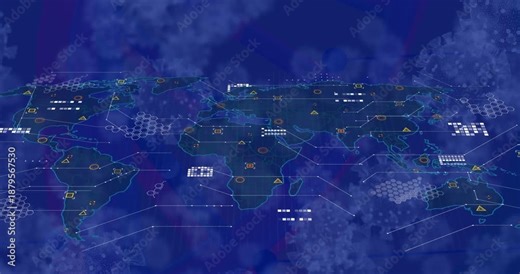 On load world map expanding, hex clusters pulsing, HUD nodes linking, visualizing global spread