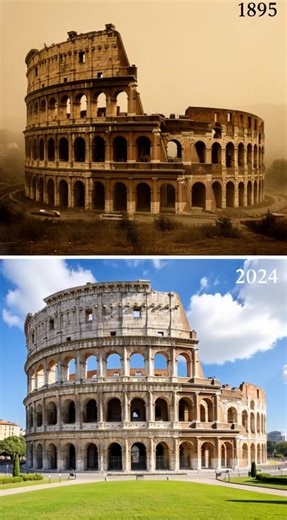 "This compelling "Then and Now" comparison showcases the enduring majesty of the Colosseum in Rome, captured 129 years apart in 1895 and 2024. These images offer a unique perspective on the passage of time and the dedicated efforts to preserve one of the world's most iconic ancient wonders.The 1895 photograph reveals the Flavian Amphitheatre in a more rugged state, its ancient stone walls heavily adorned with natural vegetation and creeping vines. The surrounding landscape appears less manicured