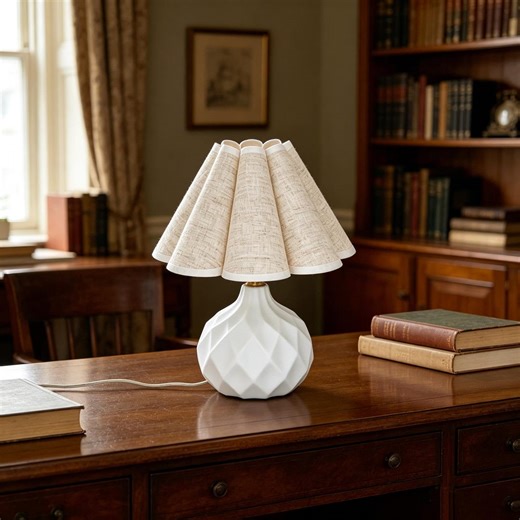 Scalloped Shell Table Lamp, Handmade Linen Pleated Shade, White Ceramic Bedside Lamp, 3-color Dimmable Minimalist Accent Light - Etsy