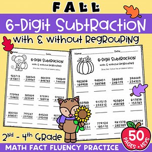 Fall 6 Digit Subtraction Worksheets With &Without Regrouping Autumn Math 2nd-4th