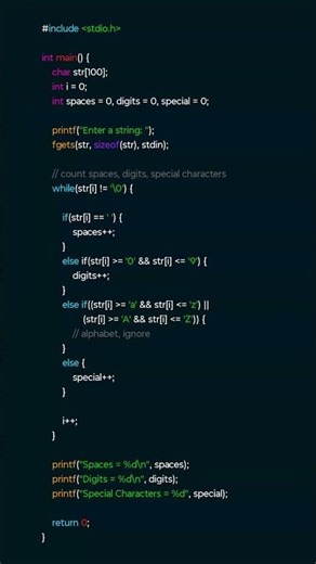 C Program: Count Spaces Digits and Special Char in String | #clanguage #cprogramming #codingtips
