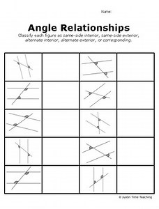 Angle Relationships Worksheet- Same Side, Alternate, Exterior, Interior, Corres