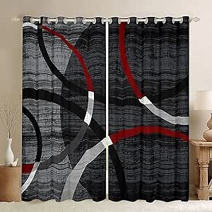 Castle Fairy Red Black Gray Window Curtain,Simple Style Circle Line Blackout Curtains for Adults Teens Kids,Modern Geometric Swirls Art Window Drapes of 2 Panels Suits for Room Decor,38Wx54L Inches