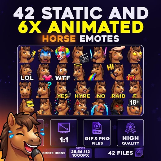 42 + 6 Animated Horse Emotes Pack PNG & GIF for Streamers, Twitch, Discord, Kick, | Chibi Brown Horse Emote Pack - Etsy
