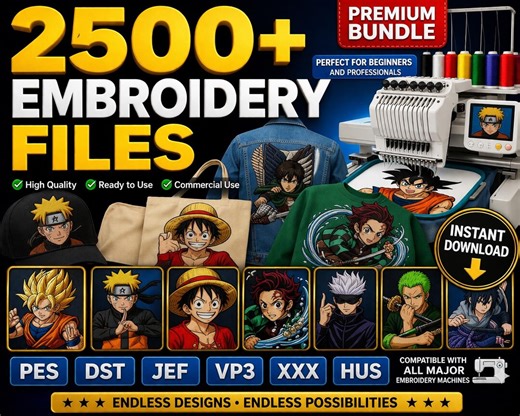 2500  Anime Embroidery Designs Bundle, PES DST JEF VP3 Files (instant Download) - Etsy
