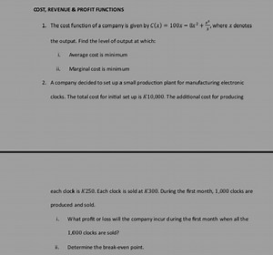 COST, REVENUE \& PROFIT FUNCTIONSThe cost function of a compan... | Filo