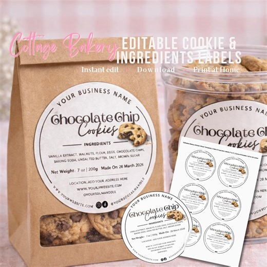 Cottage Food Cookie Label Template | Editable Ingredients Label | 2" and 3" Round Bakery Sticker Sheet | A4 & US Letter Canva Printable - Etsy