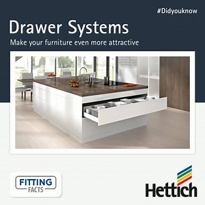 Let us learn about "Drawer Systems" as the next part of Knowledge series on 'Hettich Fitting Facts’. The Drawer systems are the neatly organized storage space which is easy to reach. You come across them absolutely everywhere; in the kitchen at home, as cutlery drawers or as pot-and-pan drawers for heavy saucepans, they are placed at traditional larder unit or in office filing cabinets as well. These drawer systems provide unmatched stability and smooth-running performance and that too with maxi