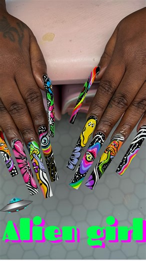 AlaniaRenee | Real Life | Growth & Healing on Instagram: "This set ain’t just nails—it’s a whole alien dreamscape. Hand-drawn on a black base using @vbeautypure acrylic in the shade ‘Perfect Nude’ and finished with wild color bursts from @chaunlegendnails @sugarandcream @vbeautypure gel polishes , third eyes, and cosmic drip. Every finger tells a story, and yes… they’re watching. #BrookhavenGA #AtlantaNails #DecaturGA #SandySpringsGA #ChambleeGA #valentinobeautypure #BuckheadNails #MidtownAtlant