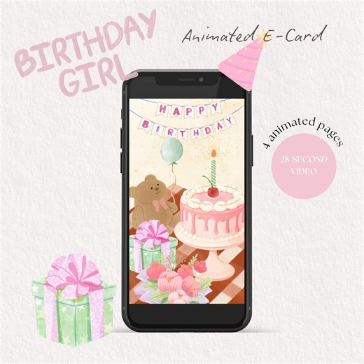 Animated Pink Birthday Card Video for Girls, Cute Happy Birthday Digital E-card Greeting for Kids, Teens or Adults - Etsy