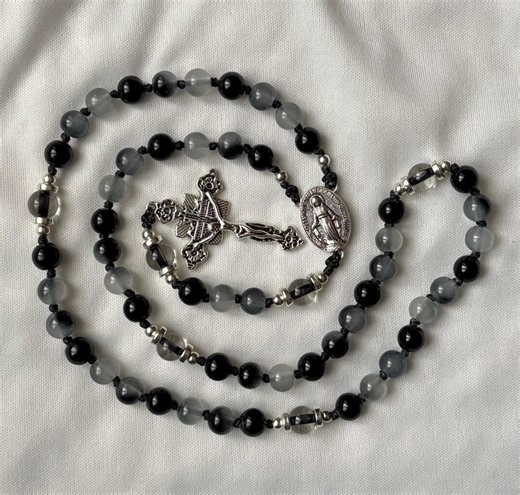 Handmade Catholic Rosary: 8mm Glass Black Glass Beads, Silver Tone Medals - Etsy