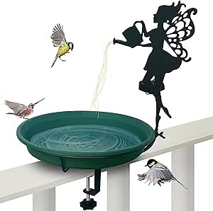 Solar Light String Bird Bath，Birdbaths Deck Mounted 19.5 Inches Bird Bath 2.7 Inches Deck Adjustable Steel Clamp，Balcony Railing Birdbaths, Fence Clamp Detachable…