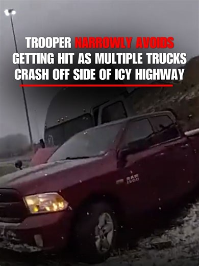 ‘WATCH OUT!’: Bodycam footage captures the wild moment a semi-truck rolls over the side of an icy Ohio highway. Just as a first responder goes to check on the vehicle, a pickup truck loses control at the same spot and nearly hits the trooper, who was unharmed. Neither of the drivers involved in the crashes suffered injuries.