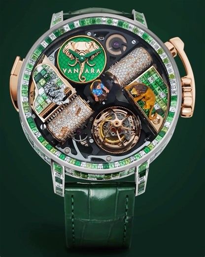 The Trillionaire Life™ on Instagram: "The jaw-dropping $1.5 million @JacobAndCo ‘Vantara’ — a true pièce unique 💚 Created in service of something greater, the Vantara timepiece is conceived as a tribute to Vantara, one of the world’s most ambitious wildlife rescue and conservation initiatives founded by Anant Ambani in Gujarat, India. At the heart of the dial sits a hand-painted figurine of Anant himself, symbolizing stewardship and responsibility. Surrounding him, intricately detailed d