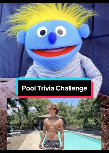 Puppet asks trick trivia questions to Colin. Every time he gets one wrong, he has to jump in the cold pool!