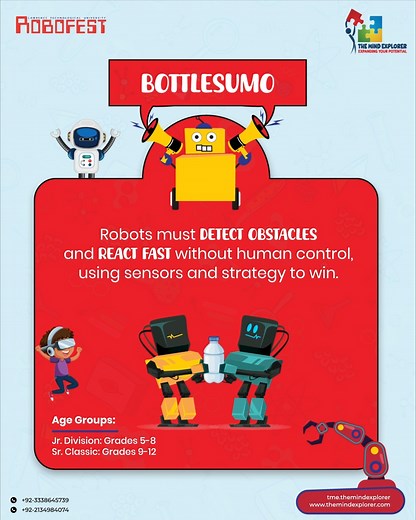 Let’s see what the first category of RoboFest 2025 is all about:Bottle Sumo! Get your robots ready to battle it out with speed, power, and strategy. The arena awaits! Robofest Official Register now and get up to 40% discount. The last date to avail the Early Bird Discount is December 15th. Don’t miss this limited-time offer. Grab your spot and be part of Pakistan’s biggest robotics and tech challenge! Register now to secure your spot! https://forms.gle/AqJERSSLrVpbsp6F8 For complete details on t