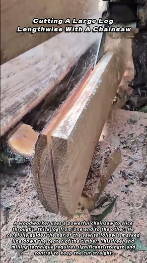 Cutting A Large Log Lengthwise With A Chainsaw