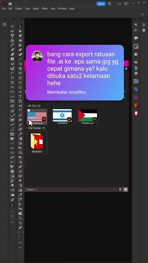 Part 01 : Convert Ribuan File Ai to EPS Sekali Klik di Adobe Illustrator. Part 02 : Convert Ribuan File EPS to JPEG Sekali Klik di Adobe illustrator (Postingan Setelah video ini) Part 03 : Convert Ribuan File Ai to EPS Sekali Klik di Adobe illustrator (Postingan Setelah video ini) Masih Bingung, atau mau Request Tutorial Tulis di kolom Komentar, Aku Balas Pake Video. #adobeillustrator #action #flaminkgosh #flaminkgoshdesigner | Flaminkgosh Designer | Facebook