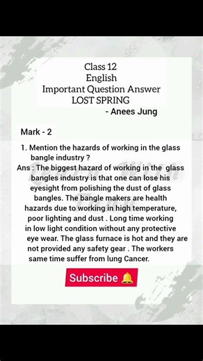 Class 12 English chapter 2 LOST SPRING Important Question Answer #viral #youtubeshorts #important