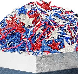 8.5 oz / 240g Patriotic Grass Basket Filler Bulk, Red White Blue Crinkle Cut Paper Shred with Stars for Gift Box, Basket Filling for DIY Crafts, 4th of July Independence Day Memorial Party Decorations
