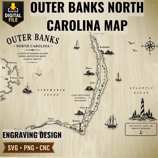 Outer Banks North Carolina SVG PNG, Coastal Map Engraving Design, Laser Engraving CNC File, Nautical Beach Wall Art - Etsy
