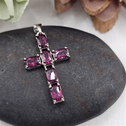 Natural Rhodolite Garnet Cross Pendant | Sterling Silver | Deep Red Garnet | January Birthstone | Faith Jewelry - Etsy