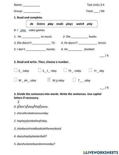 Team Together 2 test units 3 and 4 worksheet