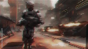 In a futuristic warzone, a cybersoldier advances, their cybernetic legs allowing them to leap effortlessly over barricades while their targeting system aids their precise shots with a