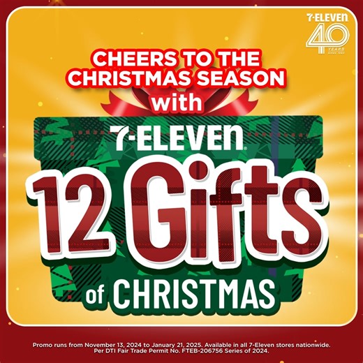 This holiday season, your favorite kapitbahay is spreading joy with hundreds of lucky winners taking home amazing prizes every week—and a grand prize that’s too good to miss! ✨ Shop weekly and increase your chances to win! Each visit brings you closer to incredible Christmas gifts. 🎉 Promo runs from Nov 13 – Jan 21, 2025. Available at all 7-Eleven stores nationwide Per DTI Fair Trade Permit No. FTEB-206756 Series of 2024. Learn more here: https://www.7-eleven.com.ph/promos/12-gifts-of-christmas