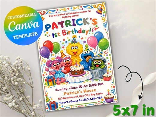 Sesame Street Birthday Invitation Template Editable Canva Elmo Kids Party Invite Cartoon Birthday Printable Digital Instant Download - Etsy