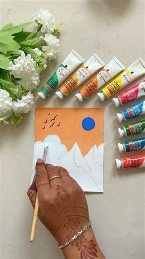 Easy Mountain Sunset Painting for Kids | Simple Acrylic Art Tutorial | canvas painting | art video